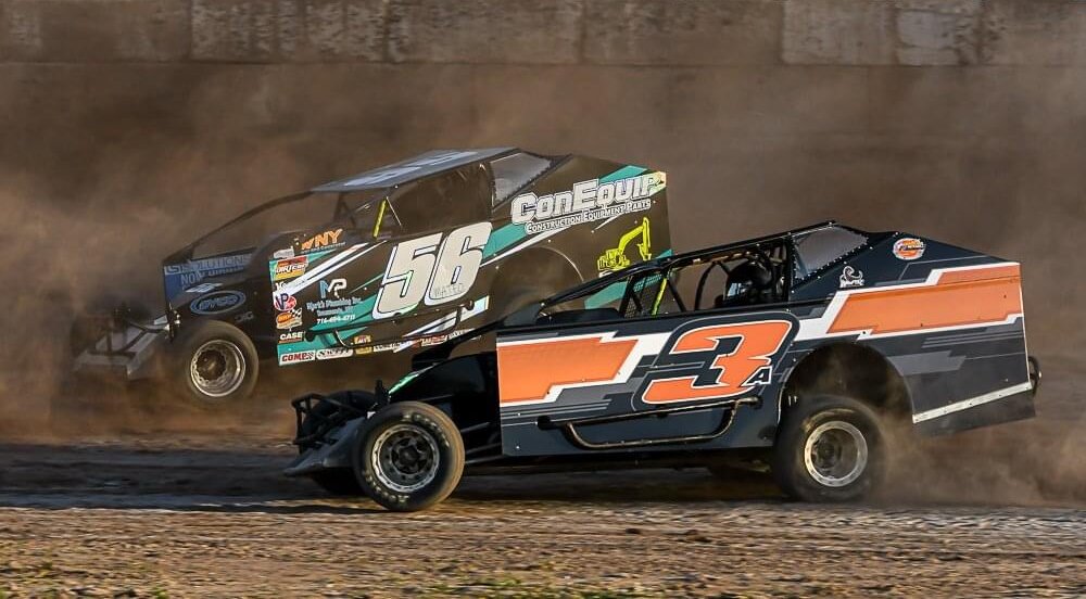 Adam Hilton's No. 3a modified racing door to door, BRP Modified Tour